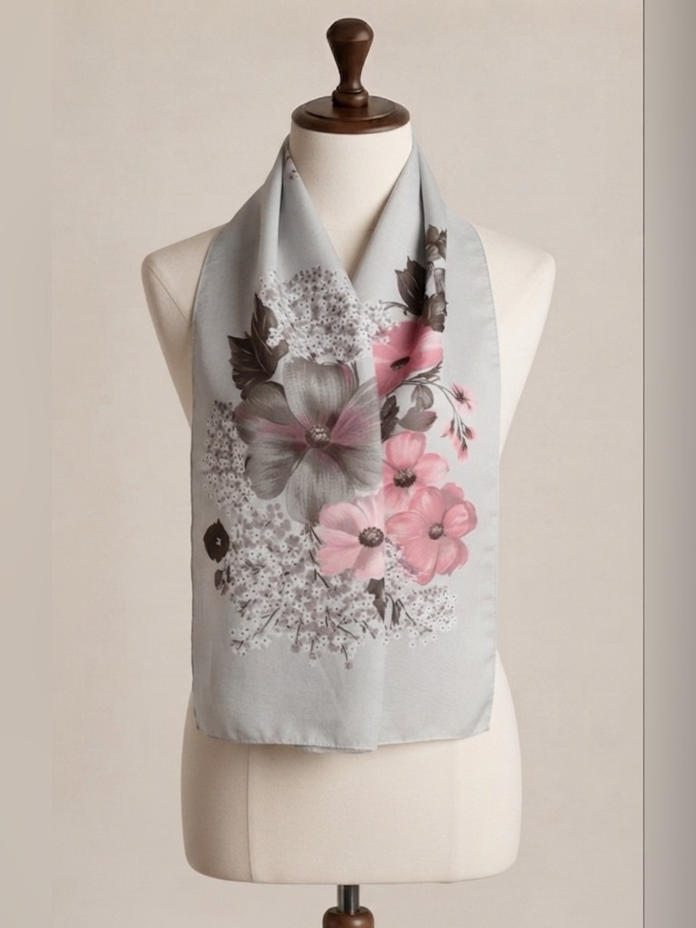Monique Martin Vintage Floral Scarf - Pink & Gray Long Neck Scarf